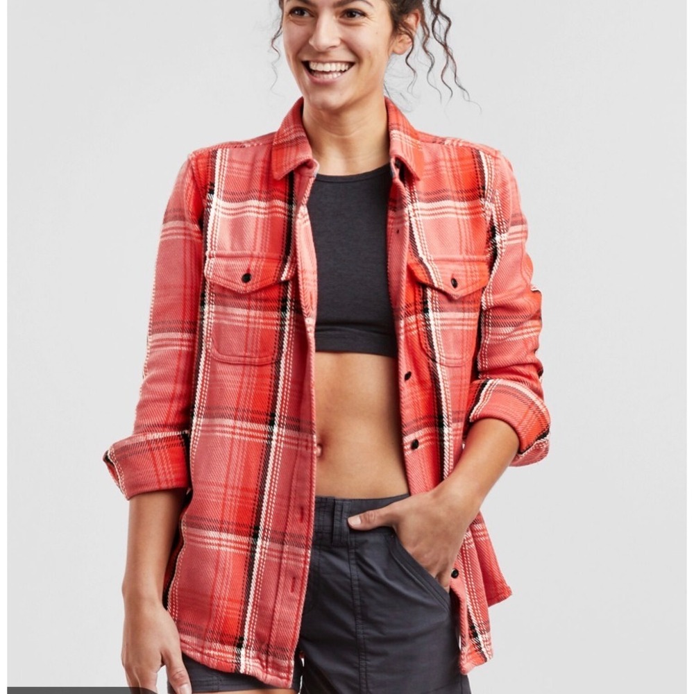 Outerknown Orange Plaid Blanket Shirt Women M/L Cabincore Organic Cotton Coastal